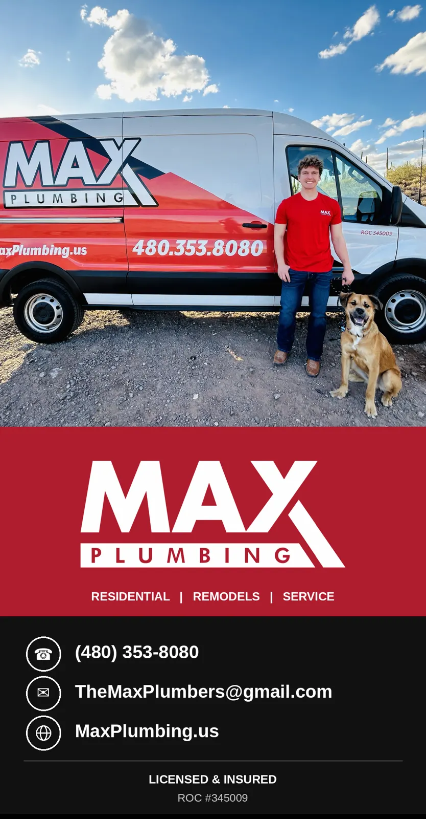Max Plumbing LLC owner with the company van and his dog in Surprise, AZ